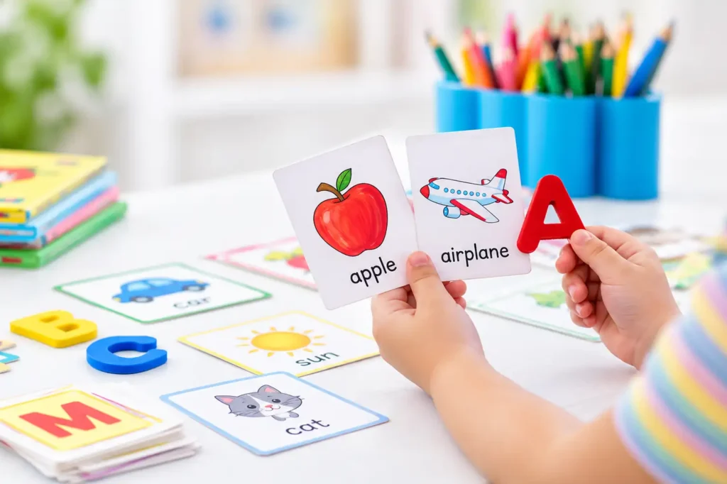 LKG children learning phonics with letters and picture cards