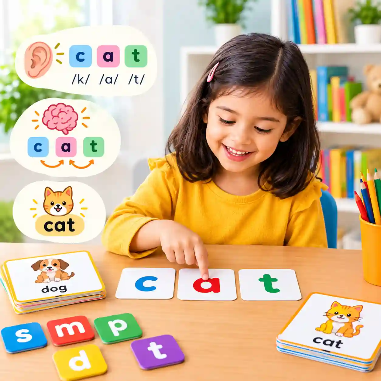 A child learning to blend letter sounds c, a, and t to read the word cat using phonics cards