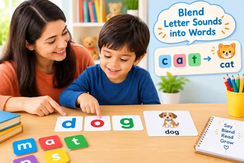 A teacher helps a young child blend letter sounds using colourful phonics cards to read simple words like cat.