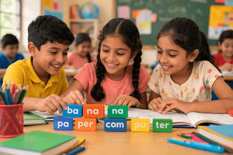 Primary school children practising phonics with letter tiles, word-building cards, and reading books in a classroom.