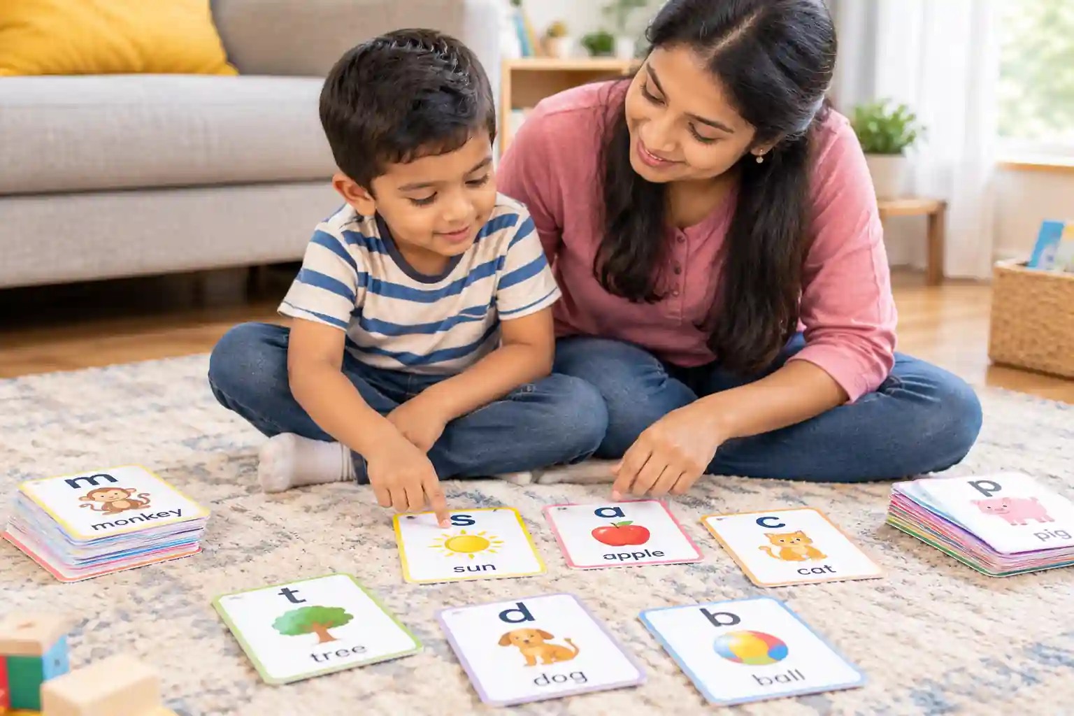Mother helping her child learn letter sounds using phonics flashcards at home