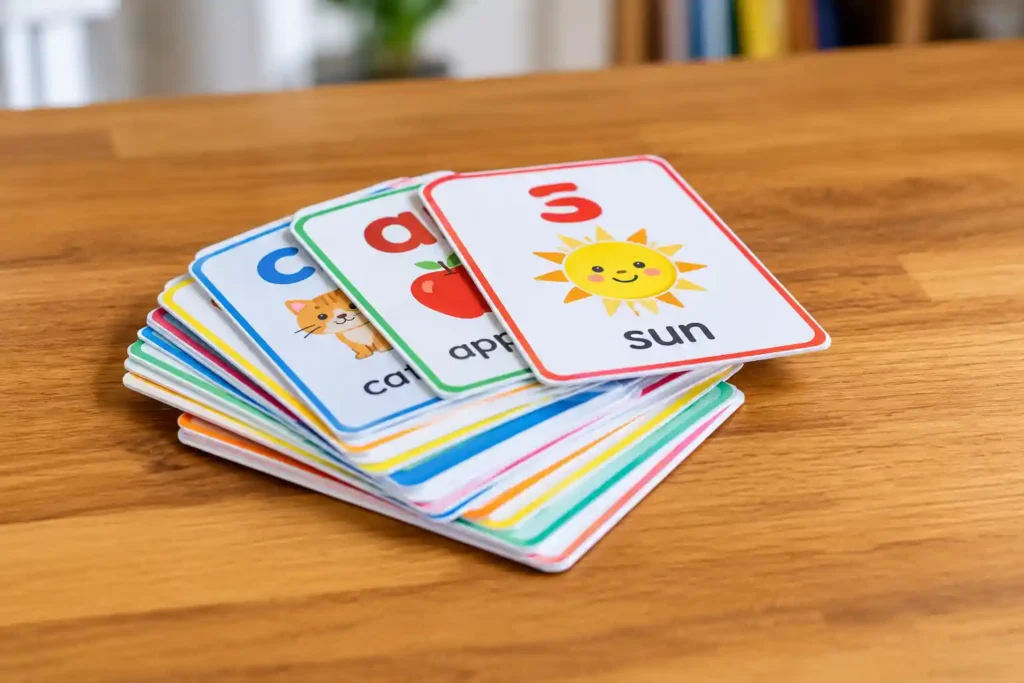 Colourful phonics flashcards showing letters S, A and C with pictures of a sun, apple and cat.