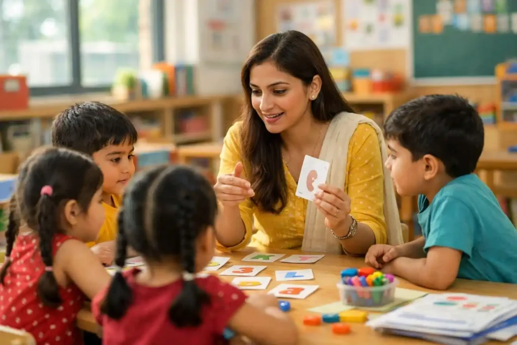 Teacher teaching phonics letter sounds to primary school children using alphabet cards in a classroom